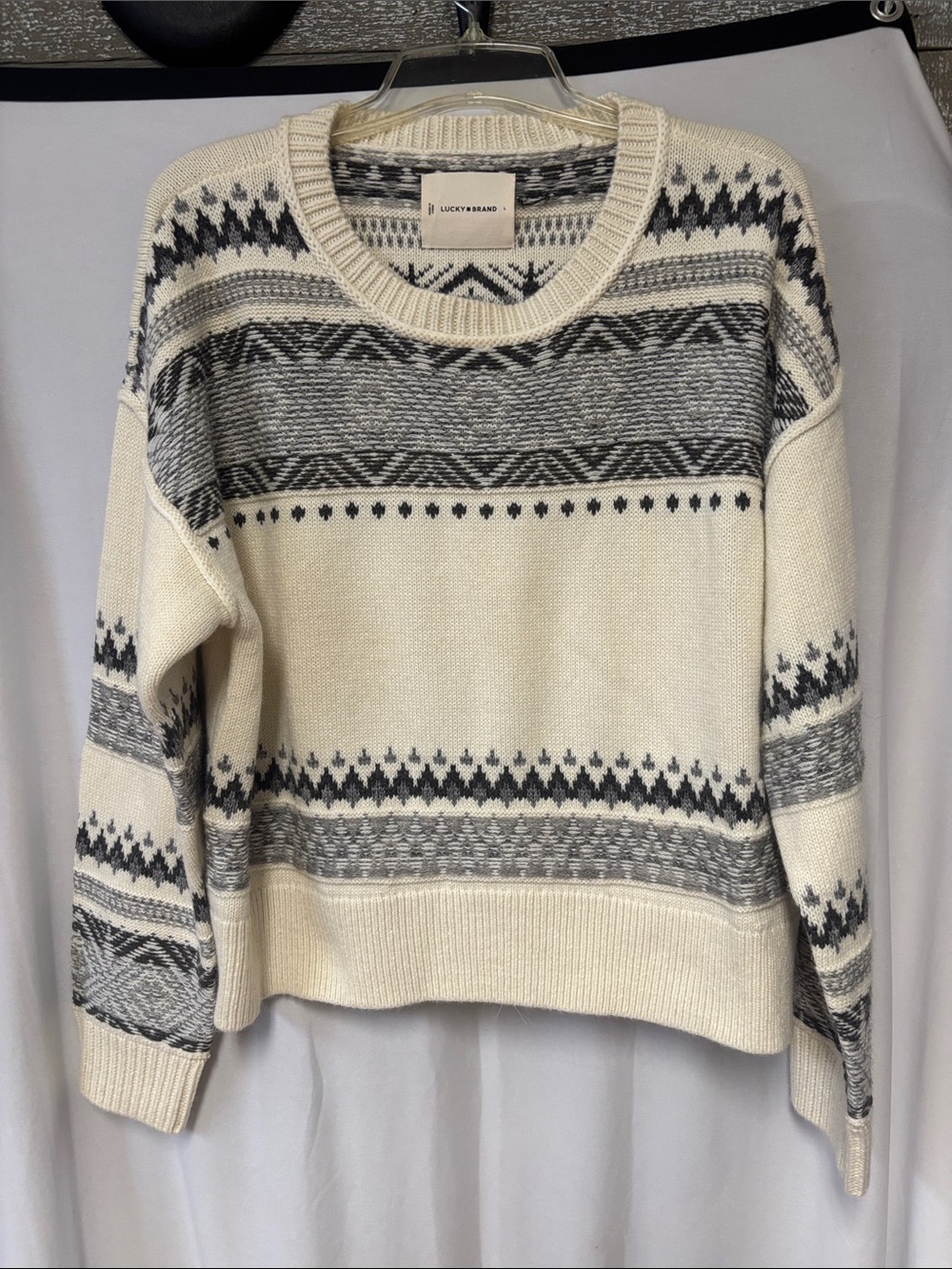 Lucky Brand Cream & Gray Fair Isle Crewneck Sweater
